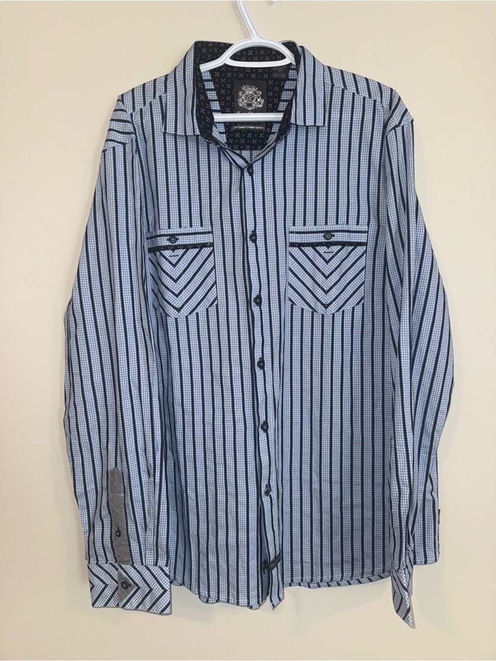 English Laundry Blue and Black Vertical Striped Button-Down Shirt
